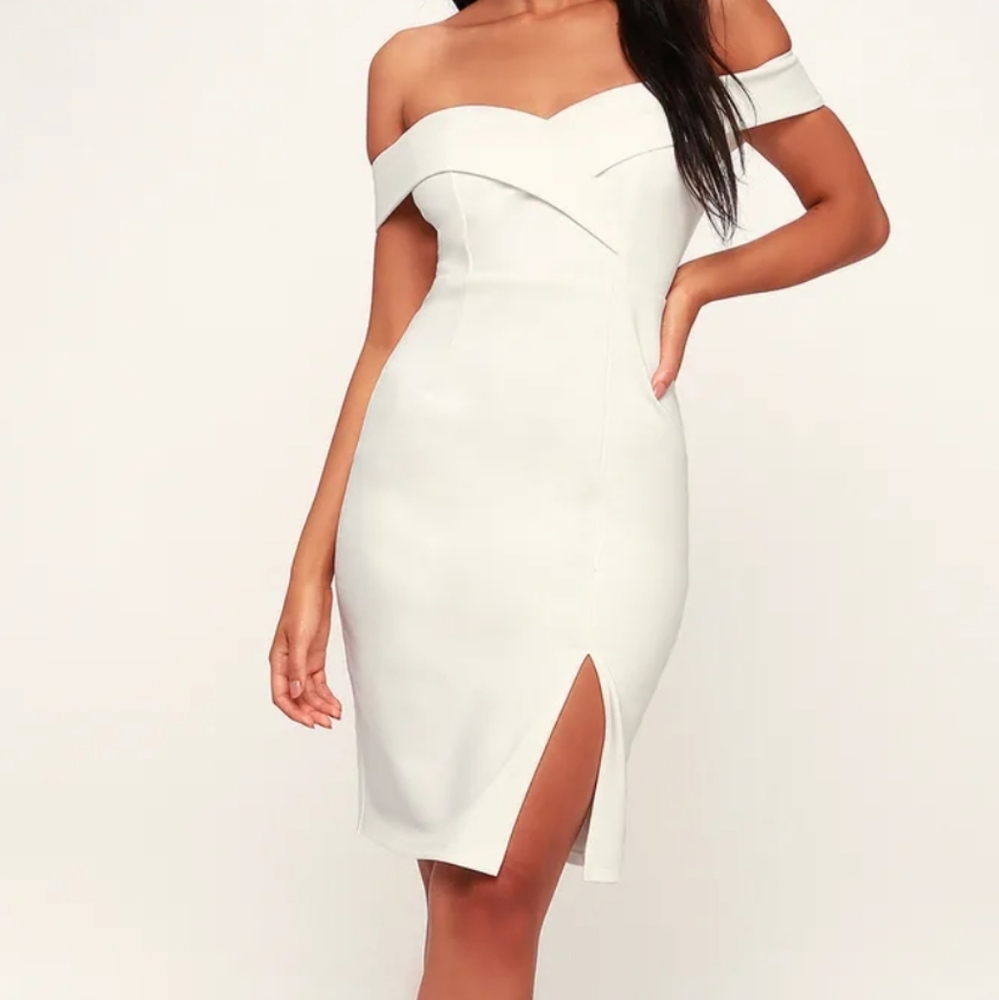 LuLus Classic Glam White Body Con Off the Shoulder Dress S